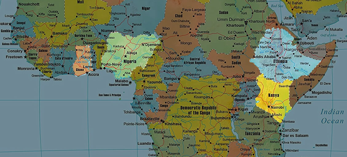 Ethiopia, Ghana, Kenya, and Nigeria on the map